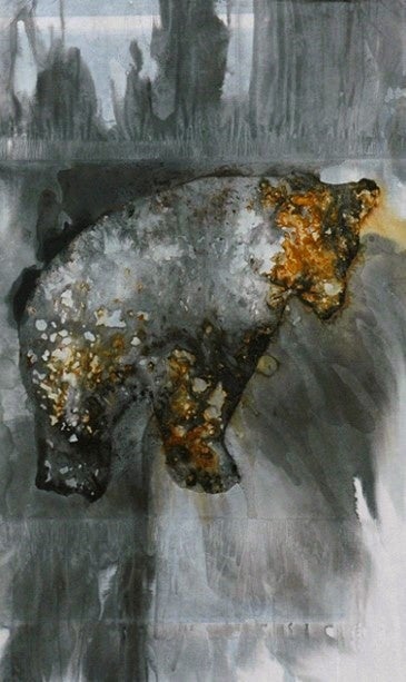 「あいさつをする熊」 美濃紙、大理石の粉末、和紙、墨、鉄錆 950×650 MM 2011