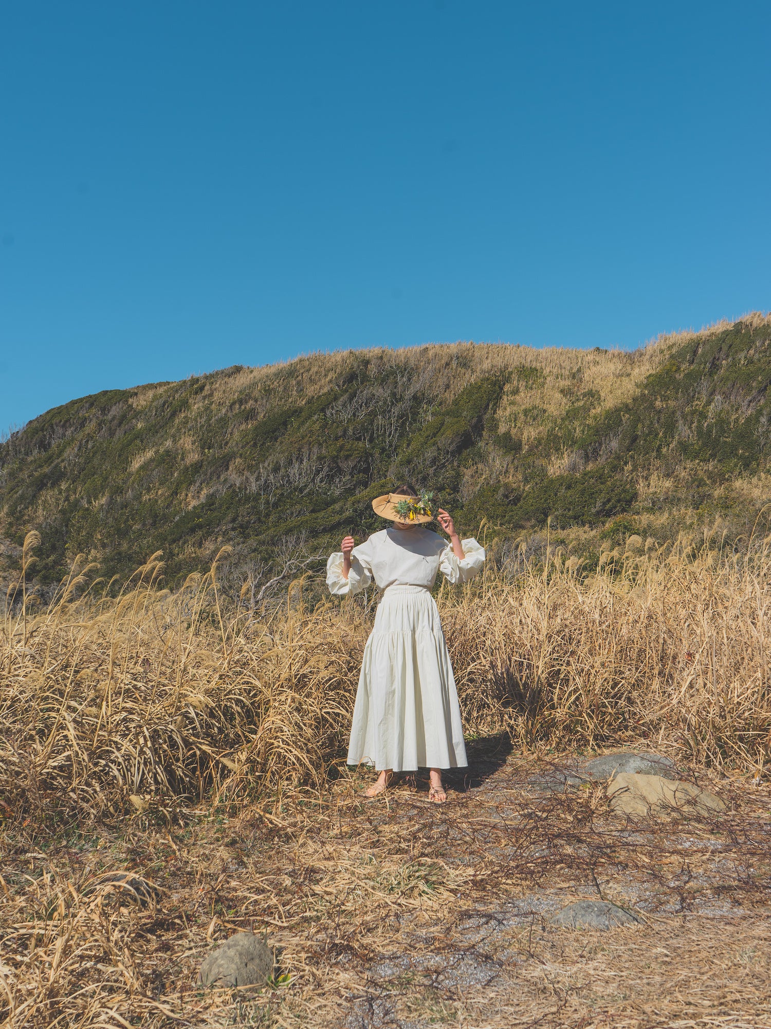 Bud Sleeve Tops ¥15,400 Pin-tuck Volume Skirt ¥18,700