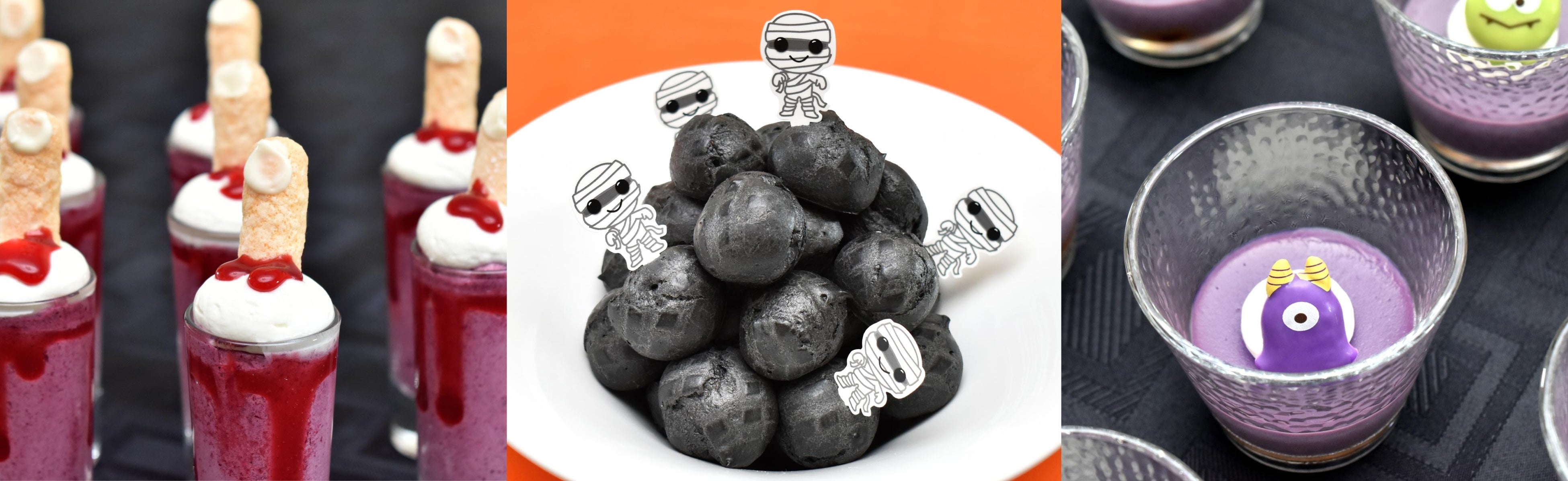 ハロウィンスイーツ（フィンガーカシス、真っ黒シュー、紫芋プリンとモンスター）
