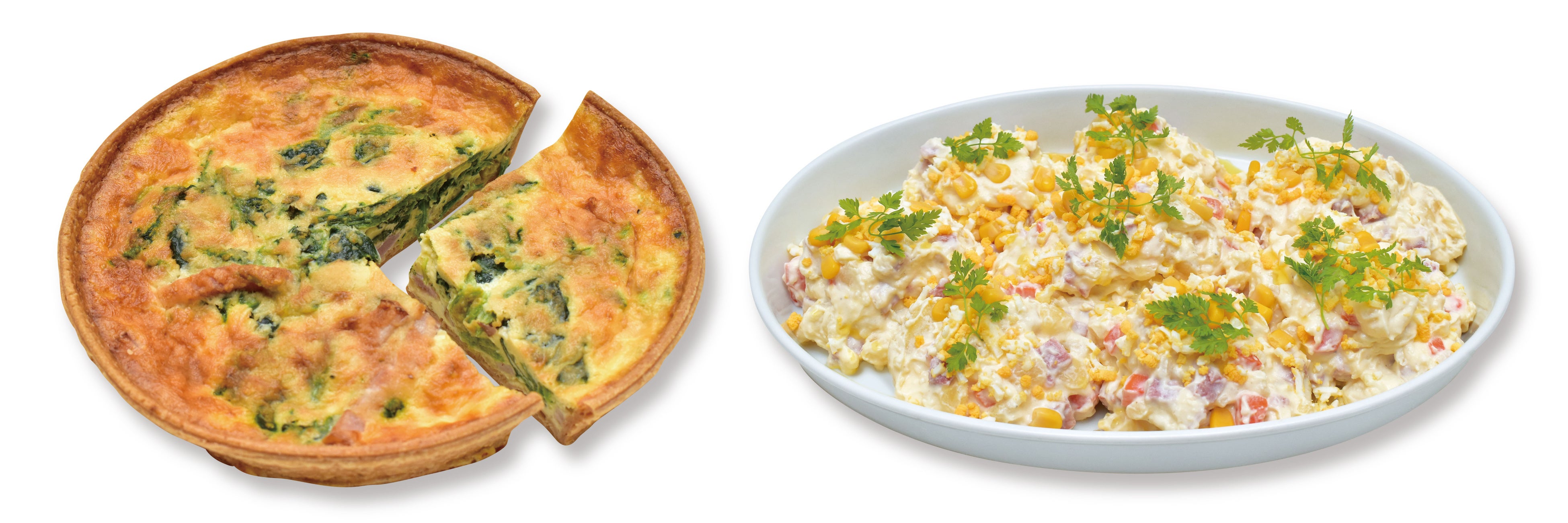 ベーコンとほうれん草のキッシュ、 きたあかりとサラミソーセージのポテトサラダミモザ風（イメージ）