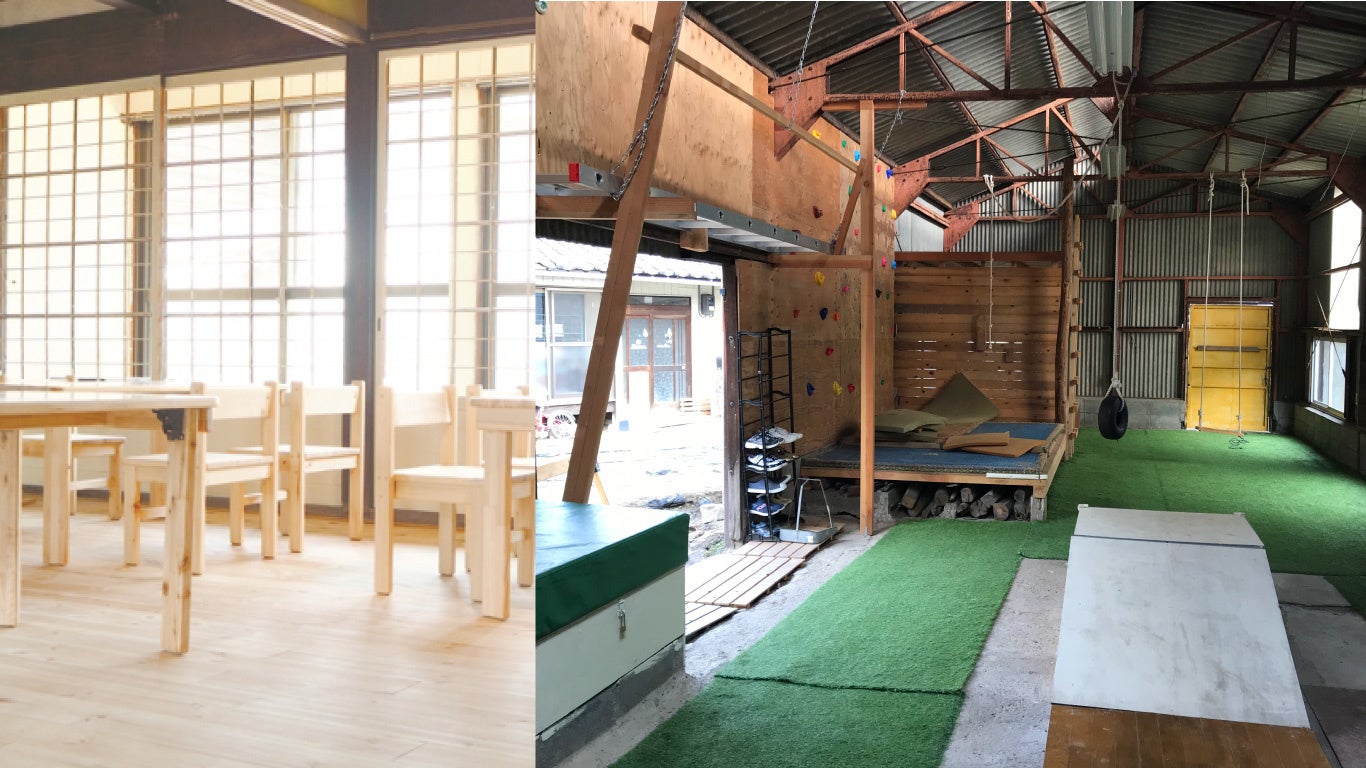 （左）木の優しい温もりの室内空間。（右）全員で創り上げた秘密基地（遊び場）