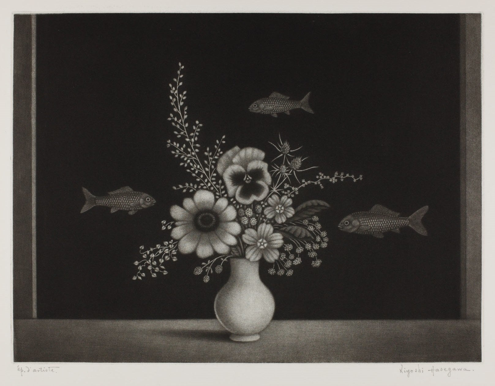 アカリョムの前の草花 1969年、メゾチント、269×360㎜