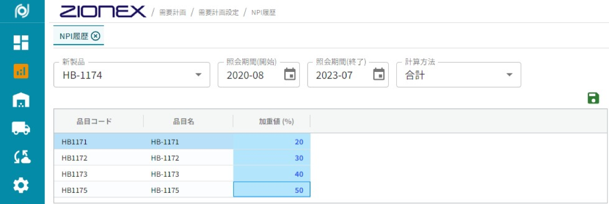 複数の類似品に加重値を与える画面