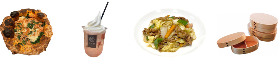 （左より）400℃「桜えびとほうれん草の トマトクリームピザ」、豆と餅「さくらクリームソーダ」、麺飯点心 福幸「春キャベツたっぷり回鍋肉」、くらしのギャラリー「美作めんつ」