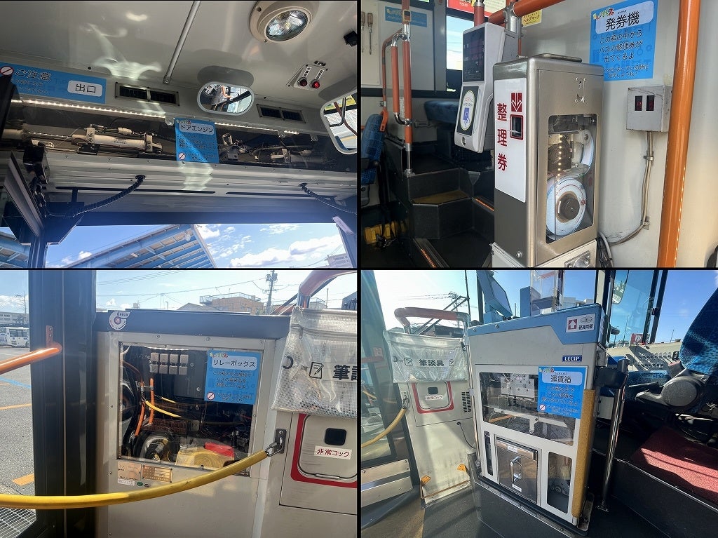 左上：スケルトンドアエンジン（降車口｜ドアの開閉の仕組みが分かります）、左下：電気機器を集中制御している「リレーボックス」、右上：スケルトン整理券器、右下：スケルトン運賃箱