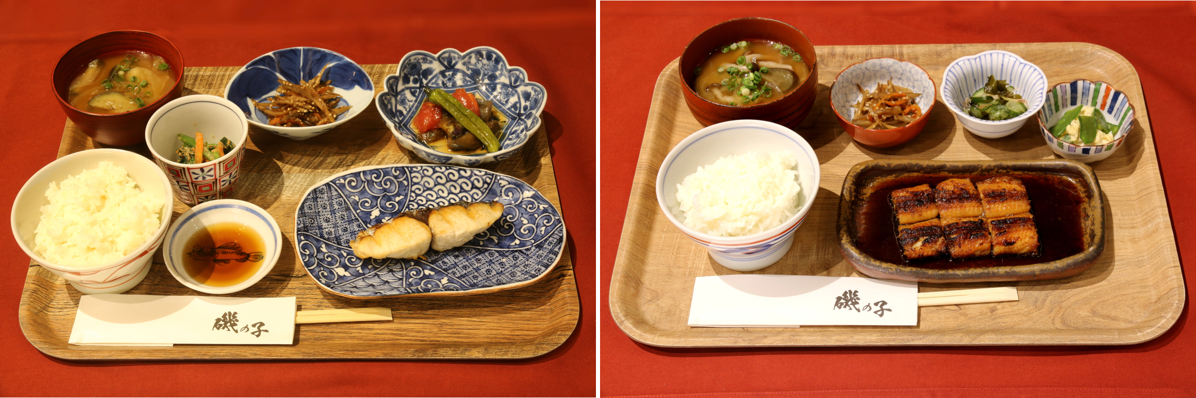 (写真左)メイン料理(一例)(魚料理＋小鉢3品＋ご飯+汁物)　(写真右)うなぎランチ(うなぎ[3切れ]＋小鉢3品＋ご飯＋汁物)