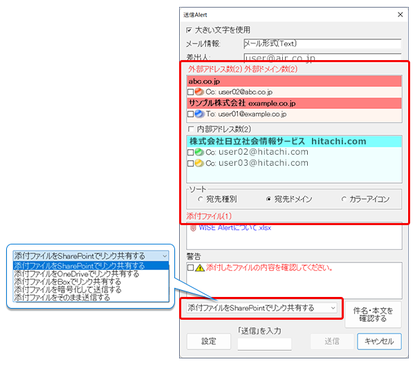 WISE Alertの機能（送信時にポップアップで表示される送信Alert画面）