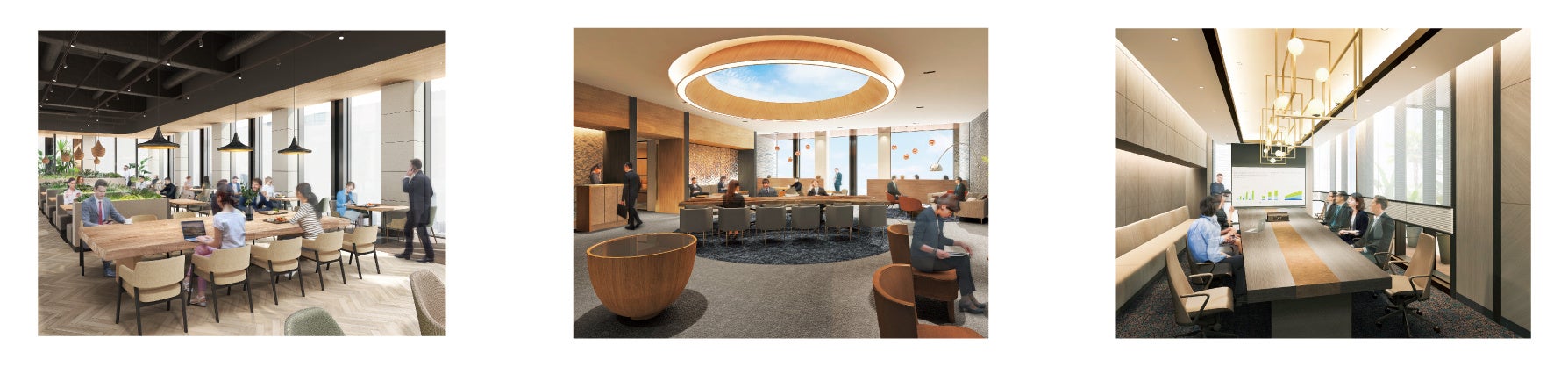 左：13Fカフェテリア　中央：13Fラウンジ　右：13F貸会議室