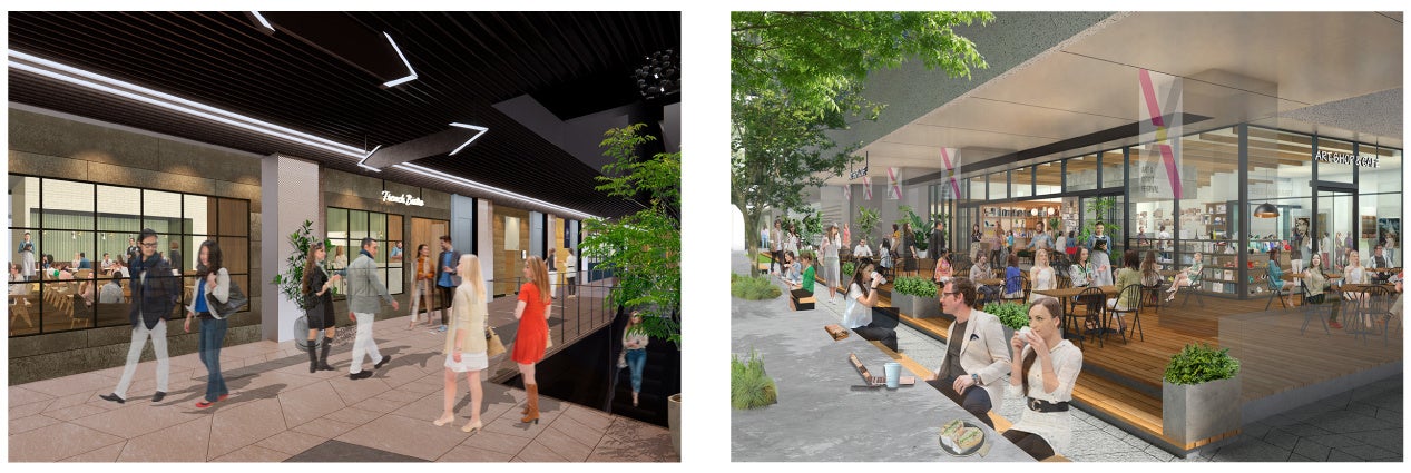 左：2Fレストラン イメージパース　右：アートショップ&カフェ イメージパース