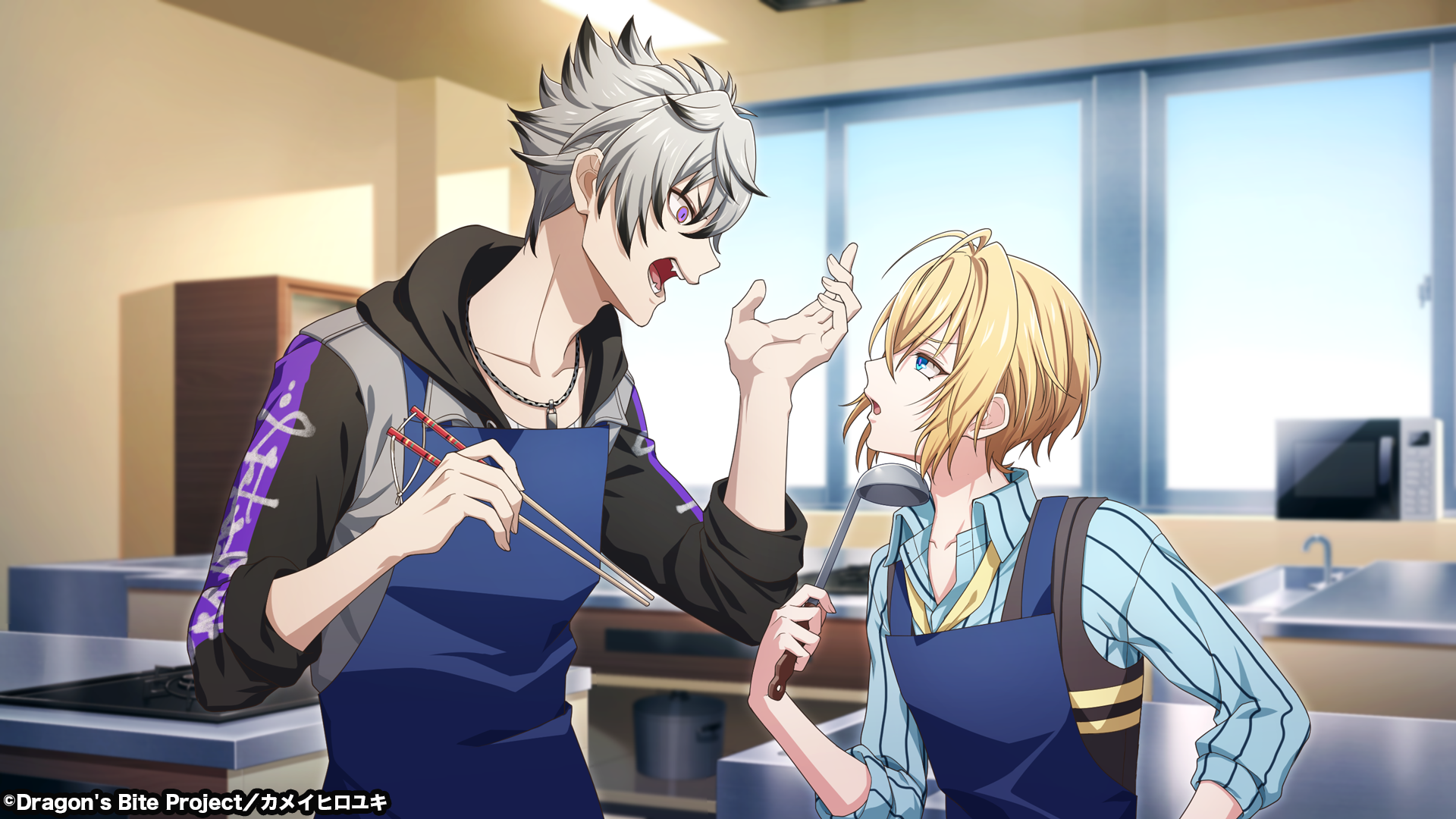 ※前編『ハッピークッキングフェスタ』第１話スチル。左から張遼（CV.仲村宗悟）・郭嘉(CV.榊原優希)