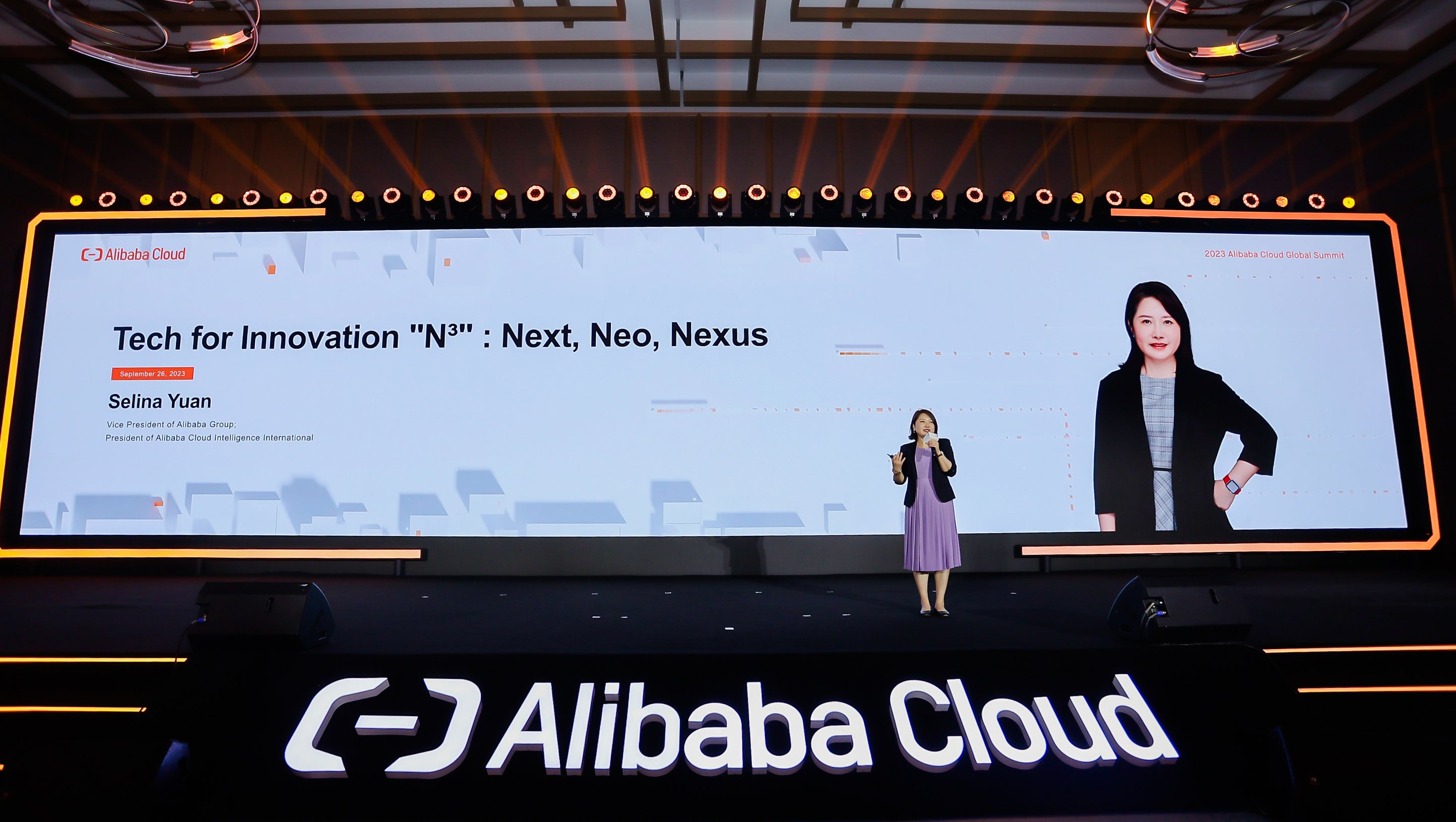 Selina Yuan, President of International Business at Alibaba Cloud Intelligence Group, speaks at the Alibaba Cloud Global Summit.