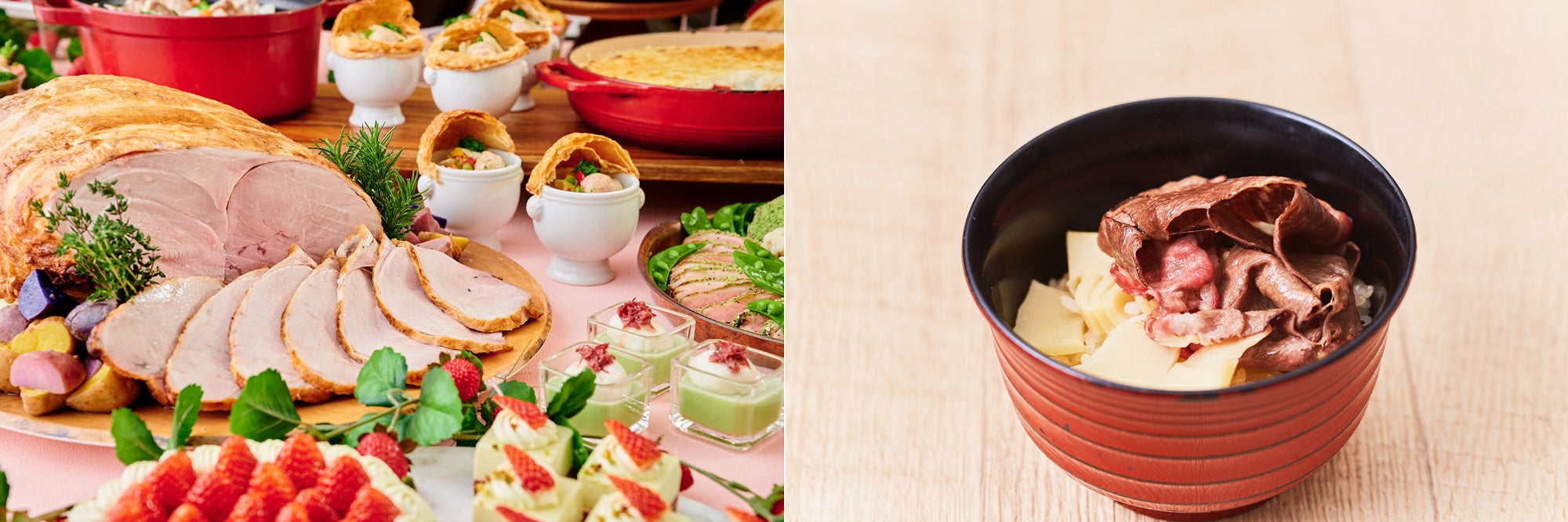 （左）ハーブで風味とうまみを引き立てるローストポーク、（右）国産牛の炙りをのせた炊き込みご飯