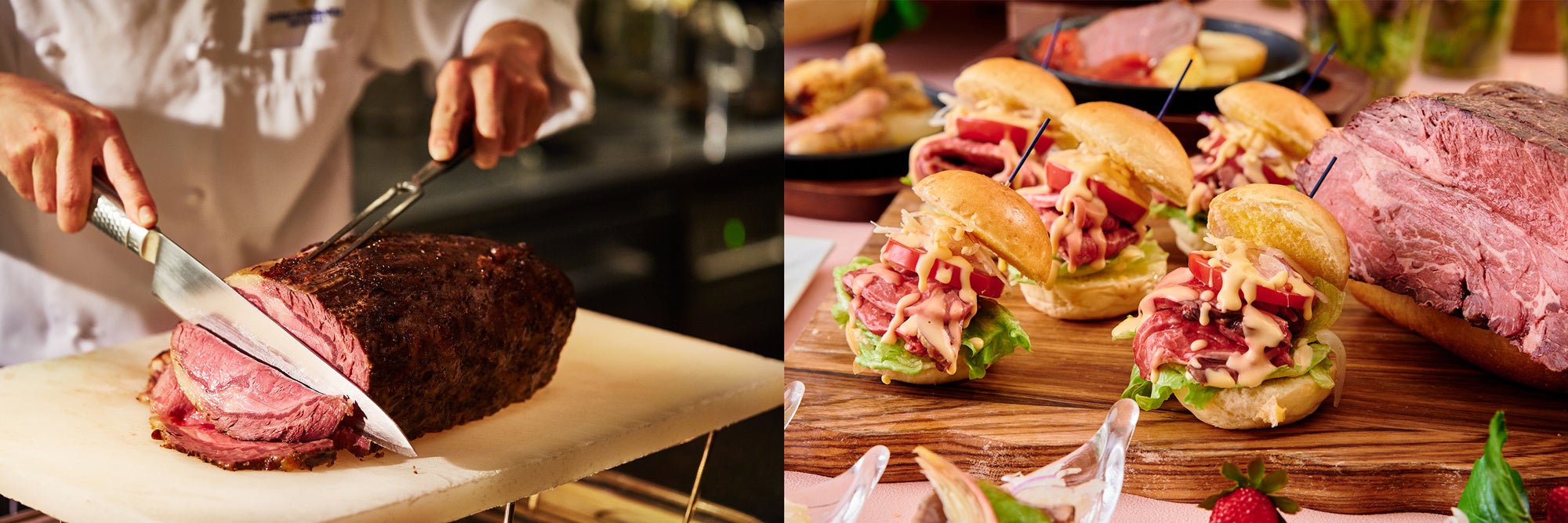 （左）シェフが目の前でローストビーフをカッティング、（右）スライスしたローストビーフを贅沢に挟んだバーガーはランチ限定で提供