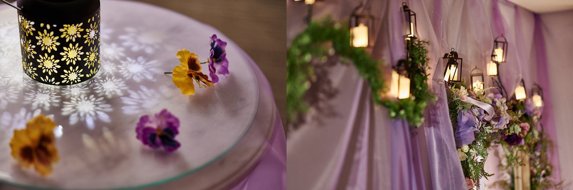 （左）まるで花が咲いたような花柄のランタン、（右）壁には小さなランタンをデコレーション。