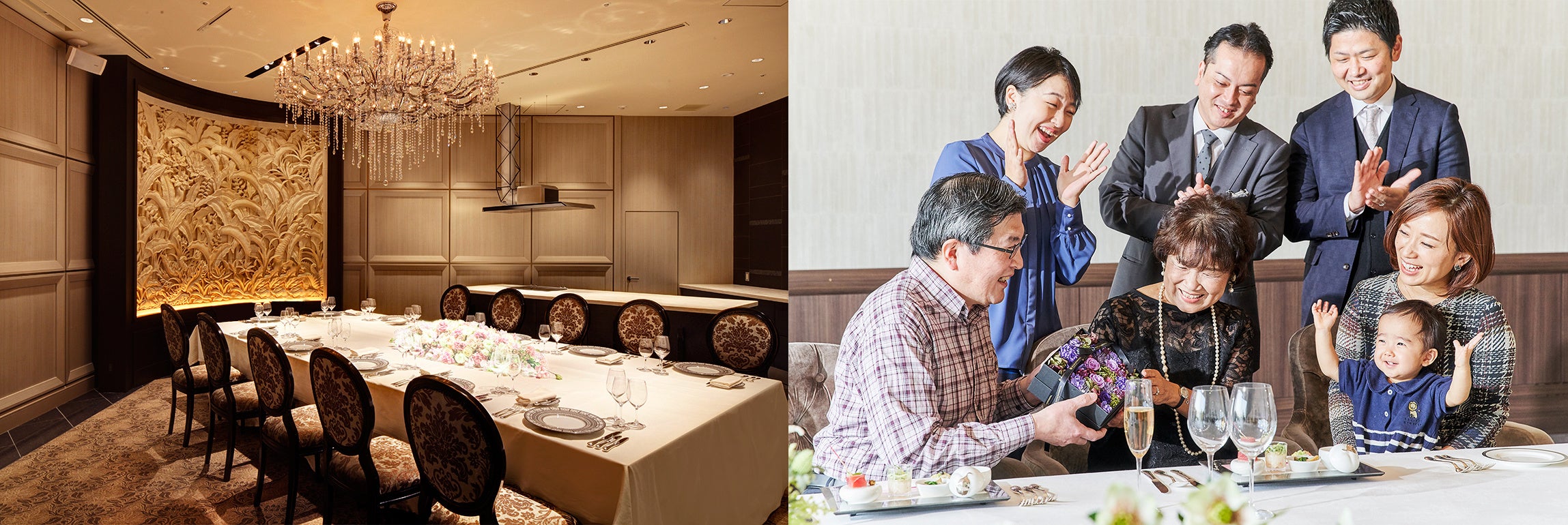 （左）プライベートな空間で食事を楽しむことができる。（右）シーンに応じて選べるさまざまな個室をご用意。