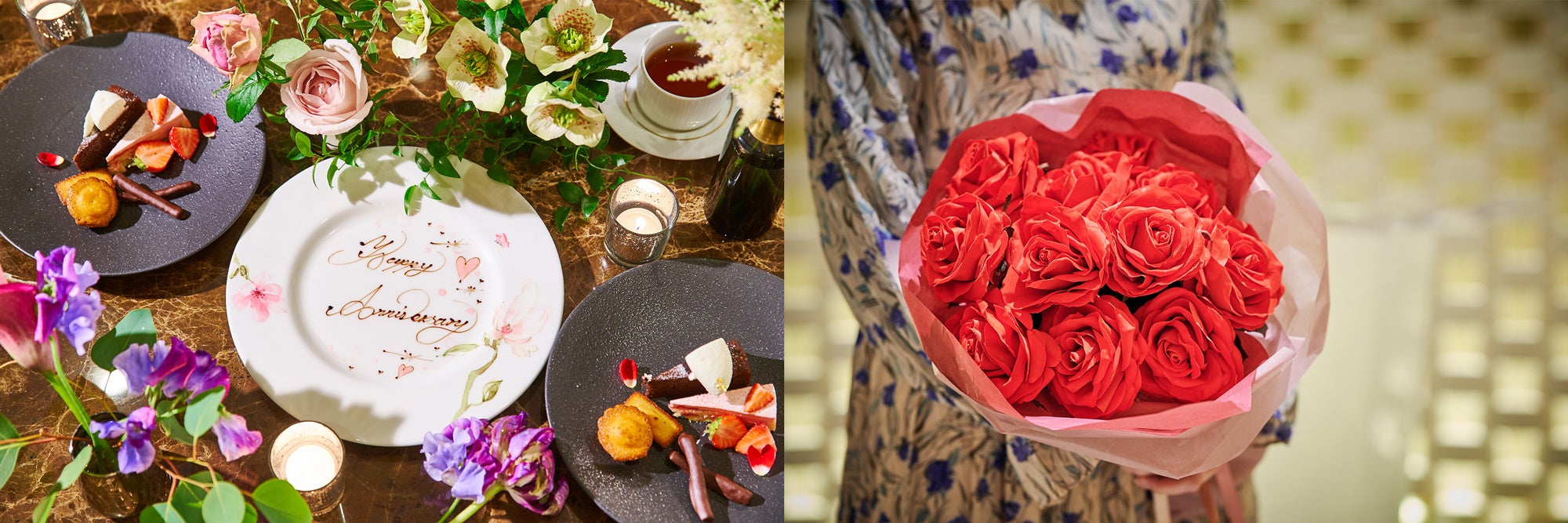 （左）メッセージ付のデザートプレート（イメージ）、（右）「最愛」「宝物」「大切にしたいもの」という意味が含まれる11本の赤バラをご用意。