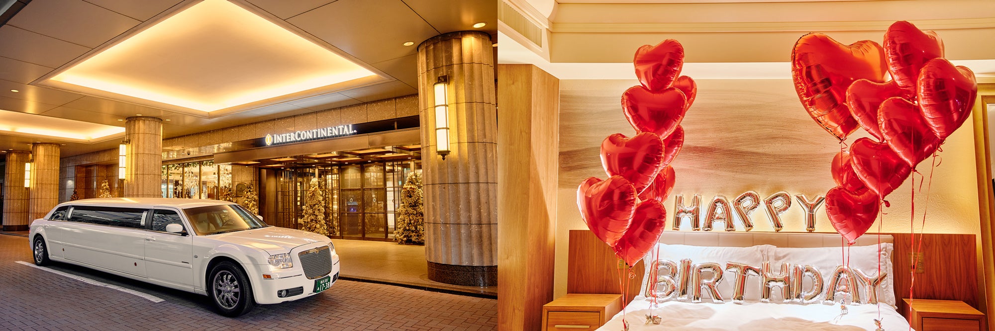 （左）リムジンでロマンチックな夜景を眺めながら二人きりの時間を存分に楽しめる、（右）サプライズのバルーン装飾で忘れられない一日に演出（イメージ） 。