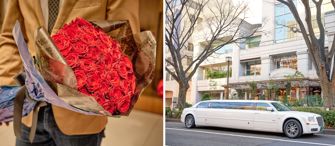 オプションにてバラの花束やリムジンの手配が可能