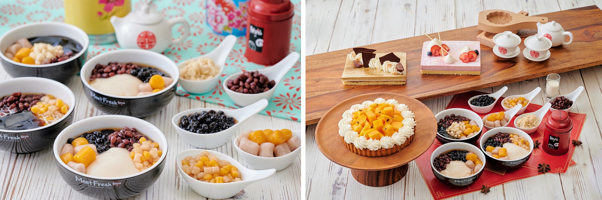 （左）台湾発祥のスイーツ専門店「MeetFresh 鮮芋仙」とコラボレーション本格的な台湾スイーツを提供。（右）マンゴータルト、タピオカや小豆をのせた仙草ゼリーと豆花（トウファ）などをラインナップ。