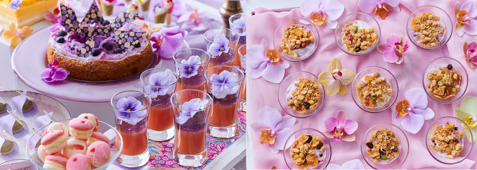 （左）グァバゼリーやミニマカロンなど彩り豊かなスイーツを揃えた（右）玄米フレークやドライフルーツをトッピングしたブルーベリーヨーグルト