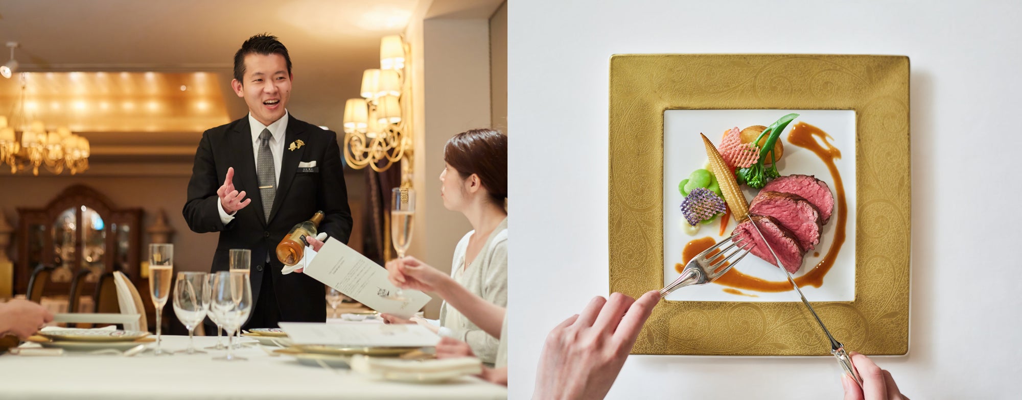 （左）店舗マネージャーが本格的なフランス料理のマナーを丁寧にレクチャー（右）カトラリーの扱い方などのテーブルマナーを学ぶ