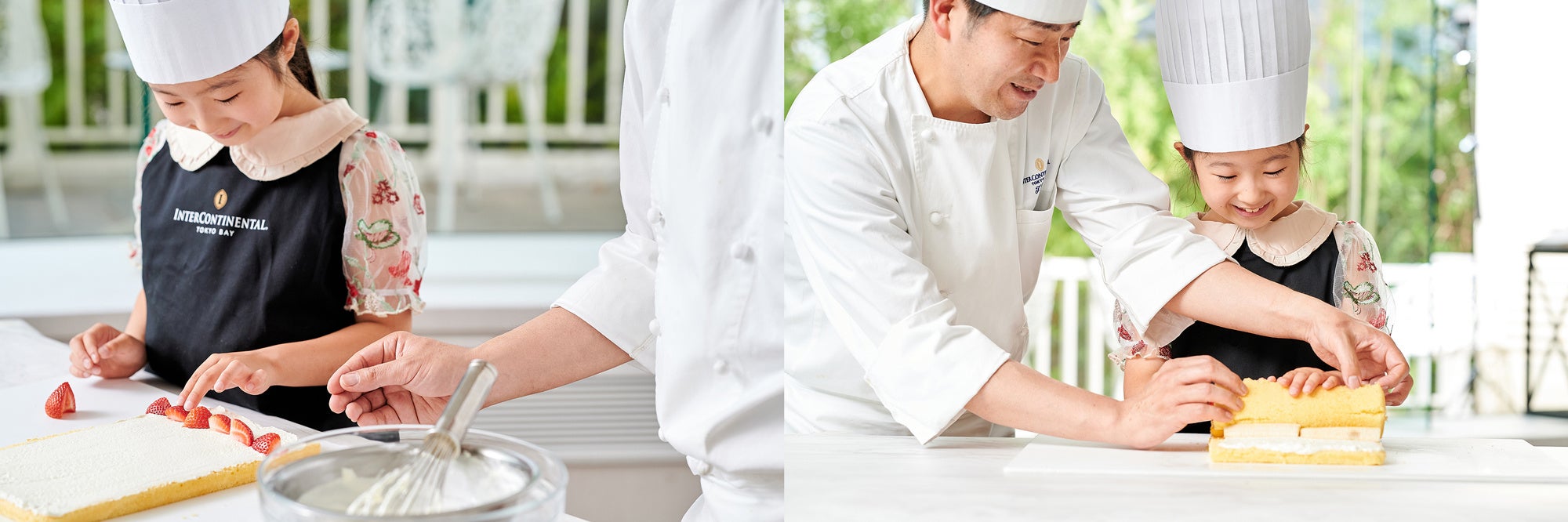 （左）お好きなフルーツで自由にデコレーションし、自分だけのオリジナルロールケーキを作る（右）一人ひとり丁寧に優しくロールケーキの作り方をレクチャー