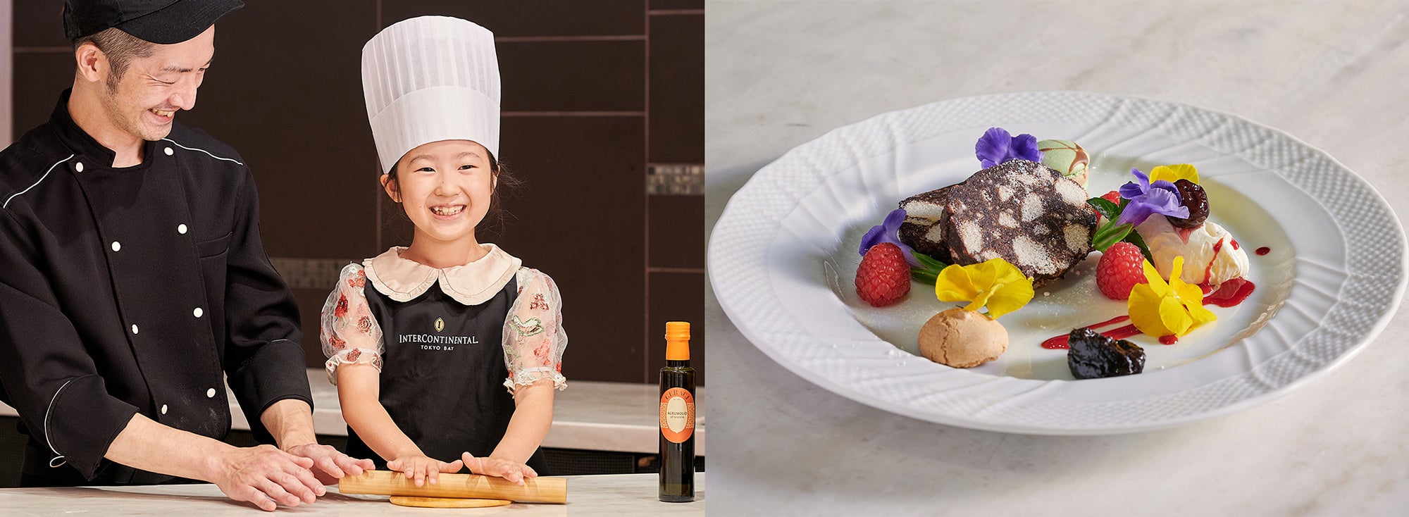 （左）ホテルロゴ入りのエプロンとコック帽をご用意（右）華やかで簡単に作れるイタリア風アイスケーキ「カッサータ」