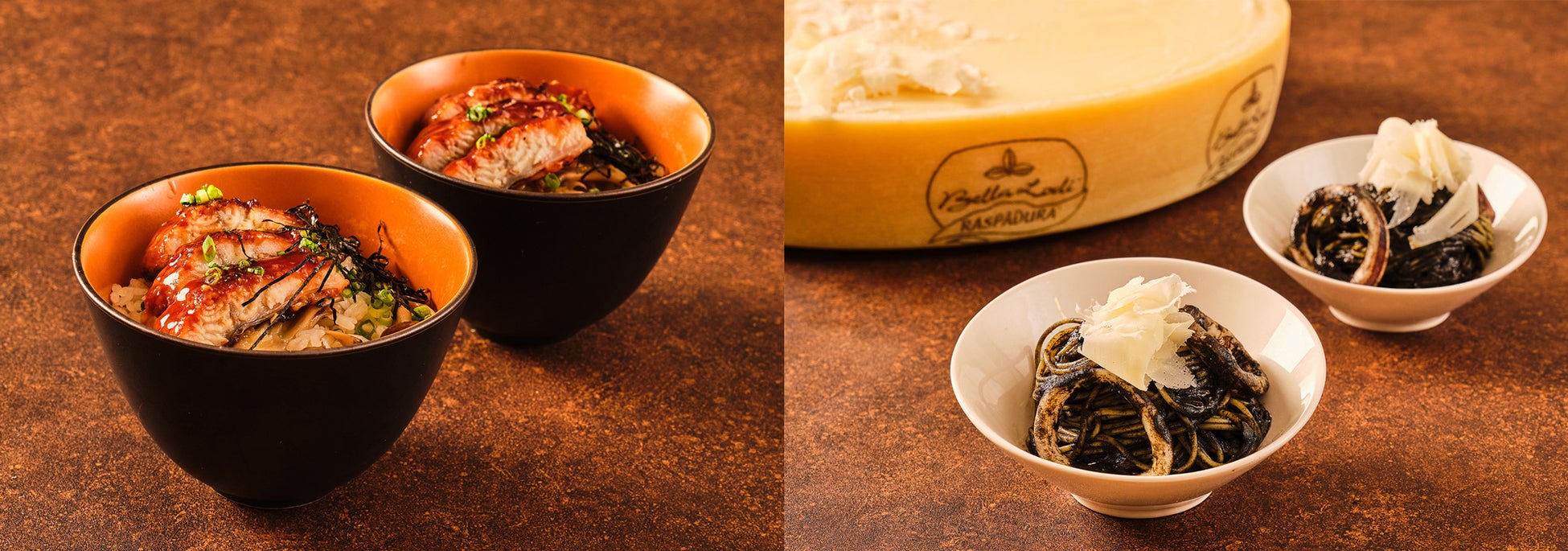 (左)うなぎの炙りをのせたキノコの炊き込みご飯 (右)削り立てのふわふわのチーズを添えたイカ墨パスタ