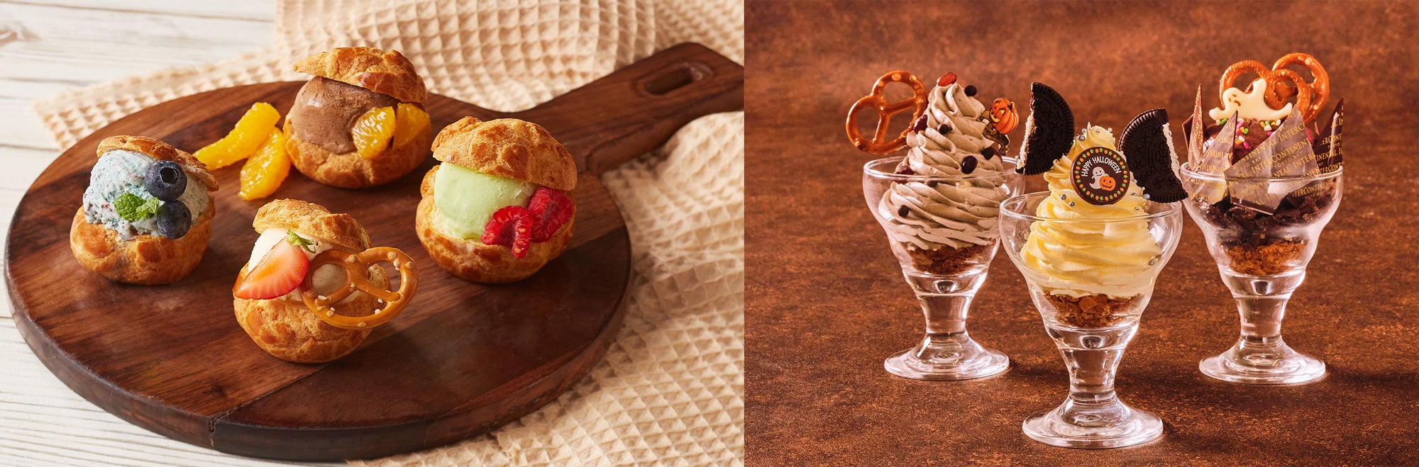 （左）自家製シューで作るカスタマイズシューアイス（右）シェフズ スペシャル パフェ