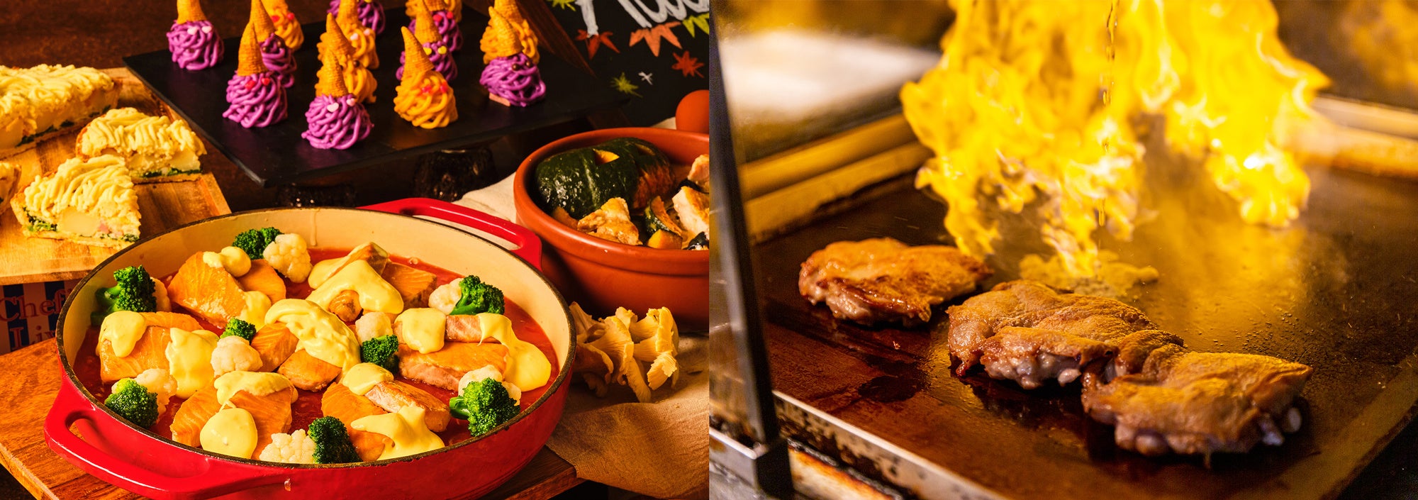 （左）ハロウィンモチーフを取り入れた温製料理を提供（右）目の前で焼き上げるパリパリチキン