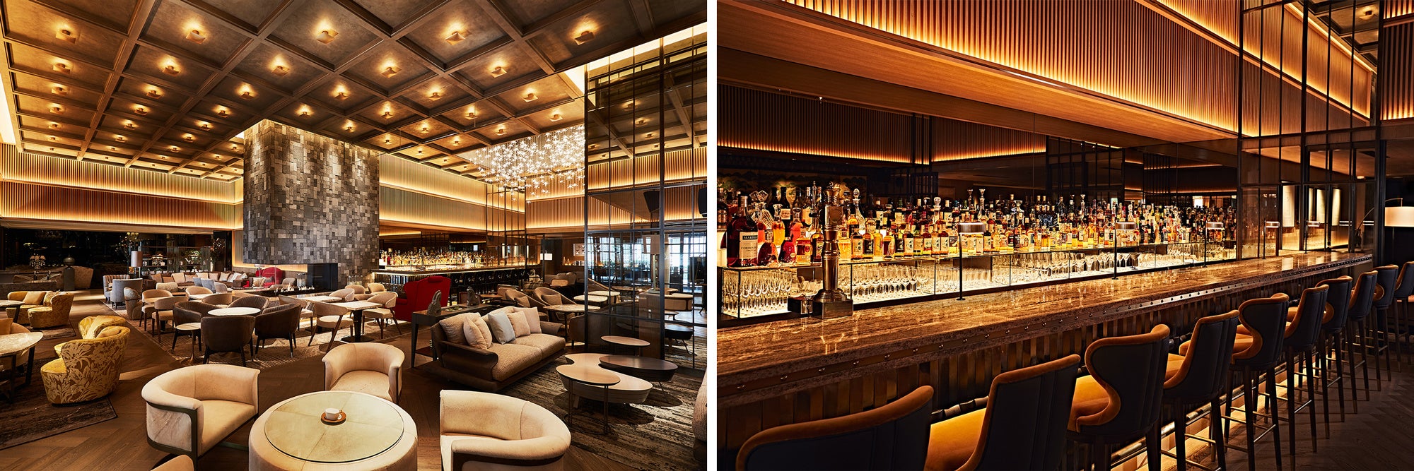 （左）ハドソンラウンジ 内観（右）7ⅿのバーカウンターを備えるアンバー
