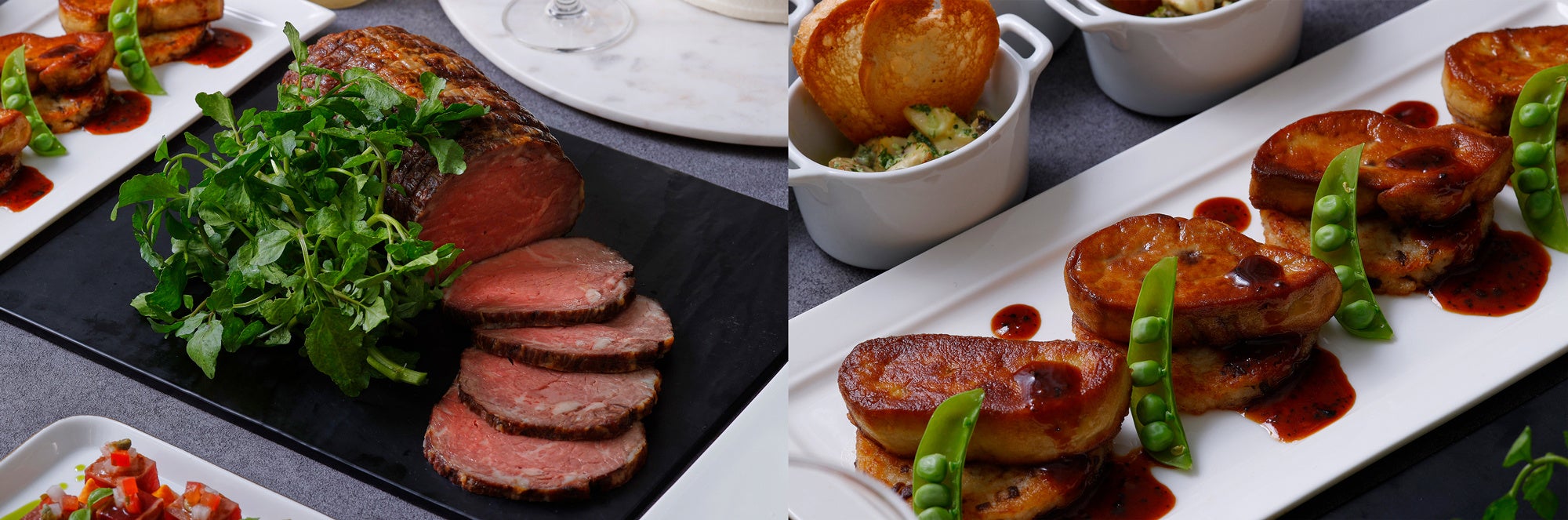 豪華な食材を使ったゴールドセットには、贅沢なローストビーフとフォアグラのステーキをご用意