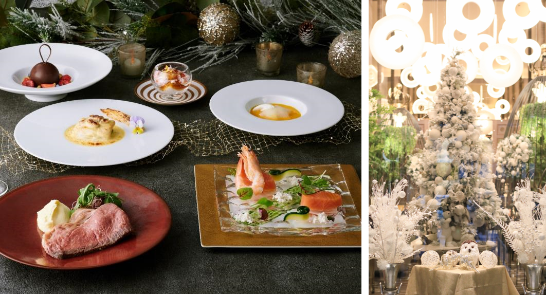 （左）シェフ自慢の和牛のローストビーフがメインのクリスマスディナー／（右）館内クリスマスツリー
