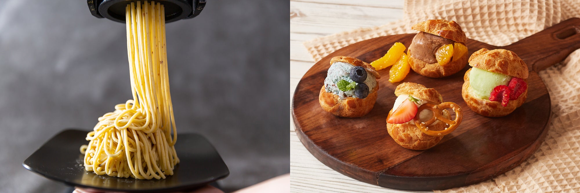 （左）極上の風味とエアリーな食感が楽しめるしぼりたてモンブラン（右）自家製シューで作るカスタマイズシューアイス