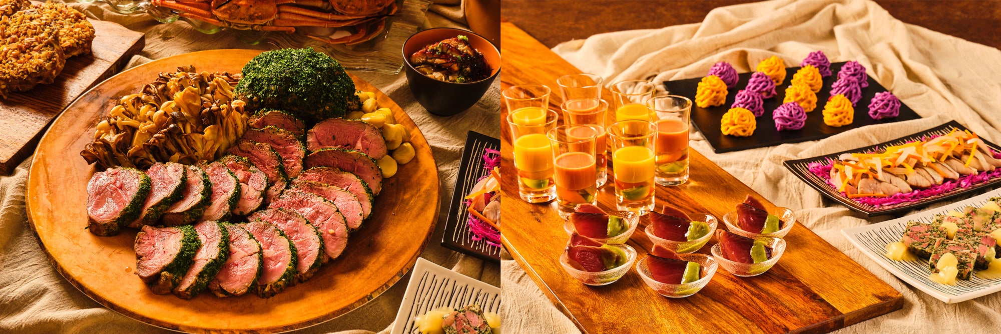 (左）アプリコットと香草で風味を引き立てるラム肉のロースト（右）かぼちゃや洋梨など秋の食材を取り入れた冷前菜が並ぶ