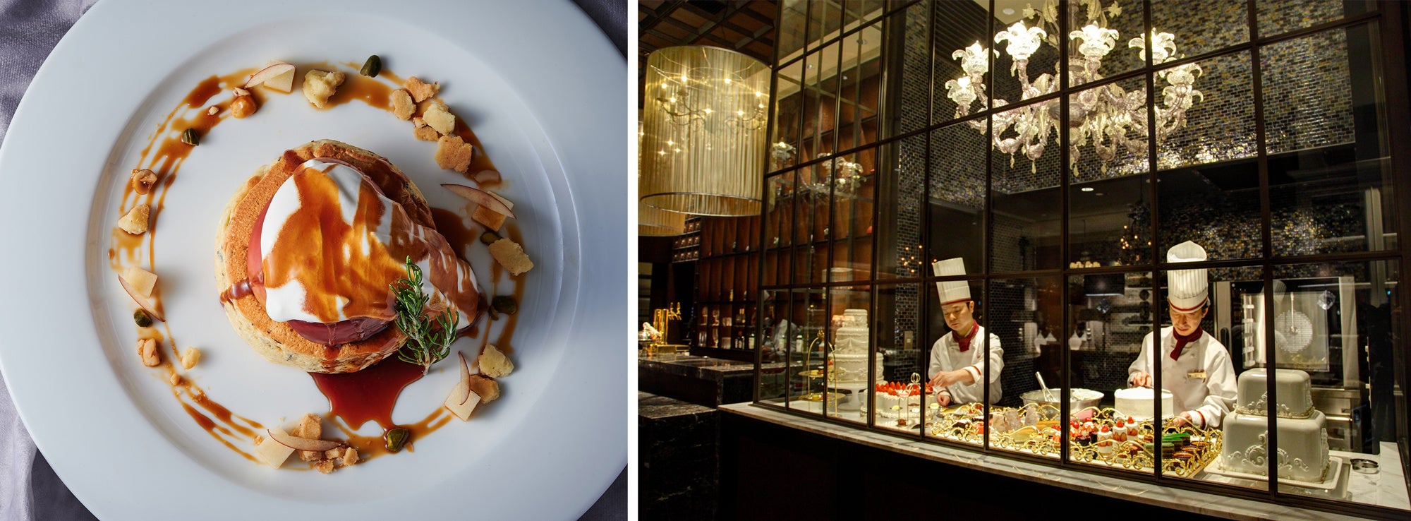 （左）香ばしいナッツ類を添えて食感にアクセントを付けた（右）ニューヨークラウンジ内のスイーツ工房「アトリエ・デセール」よりできたてをお届け