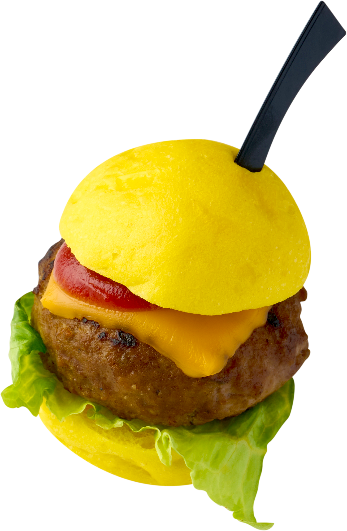 「ケチャップたっぷり チーズスライダー」黄色のバンズでピカチュウを イメージしたケチャップたっぷりの肉厚バーガー。