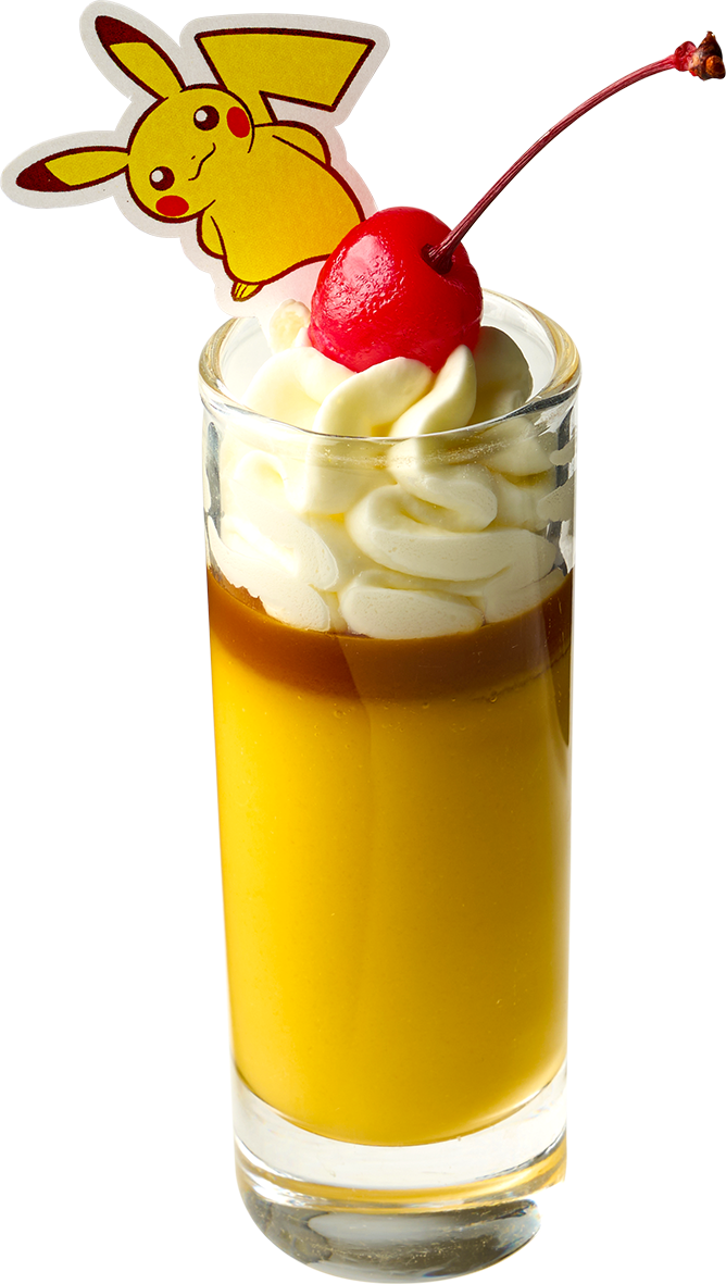 「ピカチュウのかくれんぼ 濃厚マンゴープリン」爽やかな黄色で夏の訪れを感じる濃厚なマンゴープリン。 チェリーから顔をだすピカチュウがとてもキュート。