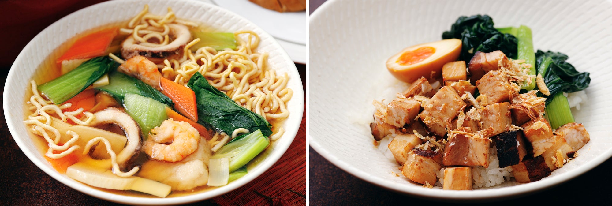 （左）「インターコンチネンタル高雄」より台湾南部の グルメ「鍋燒意麵（グゥオシャオイーミェン）を提供（右）甘辛醤油ベースのタレで煮込んだ小さく切った豚肉をホカホカのご飯にかけた、台湾のソウルフードともいわれる「魯肉飯（ルーローハン）」