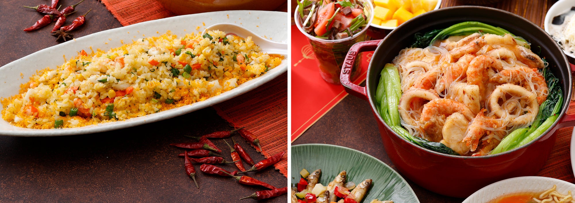 （左）ランチタイムには、インターコンチネンタル高雄より贅沢なカラスミのチャーハンを堪能できる（右）シーフードと野菜をたっぷりと使った、あさっりとした味わいの春雨の炒め