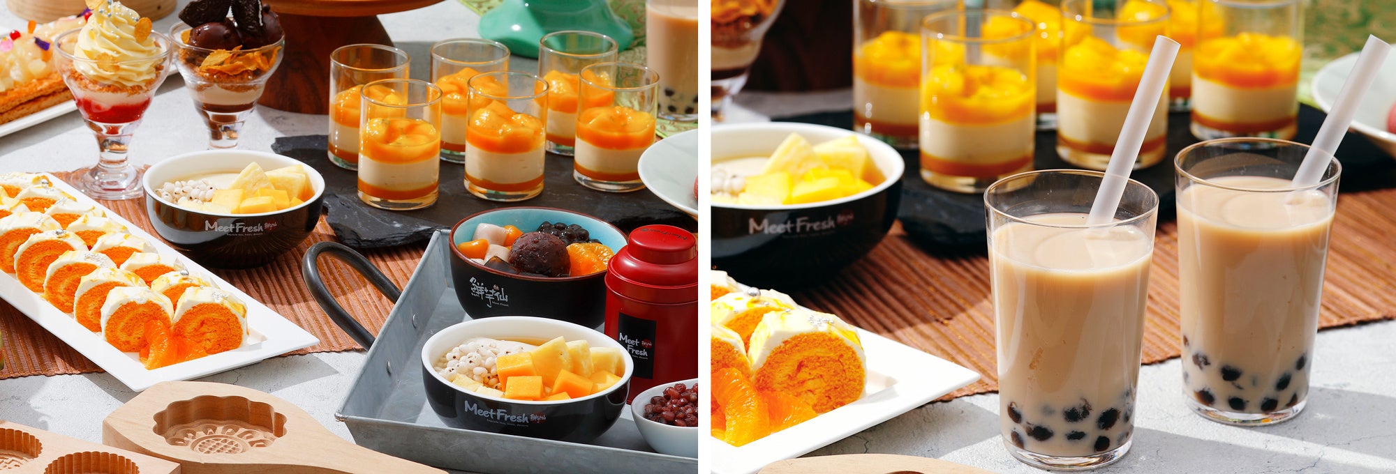 （左）マンゴーをふんだんに使用したスイーツの数々と「MeetFresh 鮮芋仙」より台湾あんみつや豆花（トウファ）を堪能できる（右）台湾を代表するドリンク「タピオカミルクティー」を用意