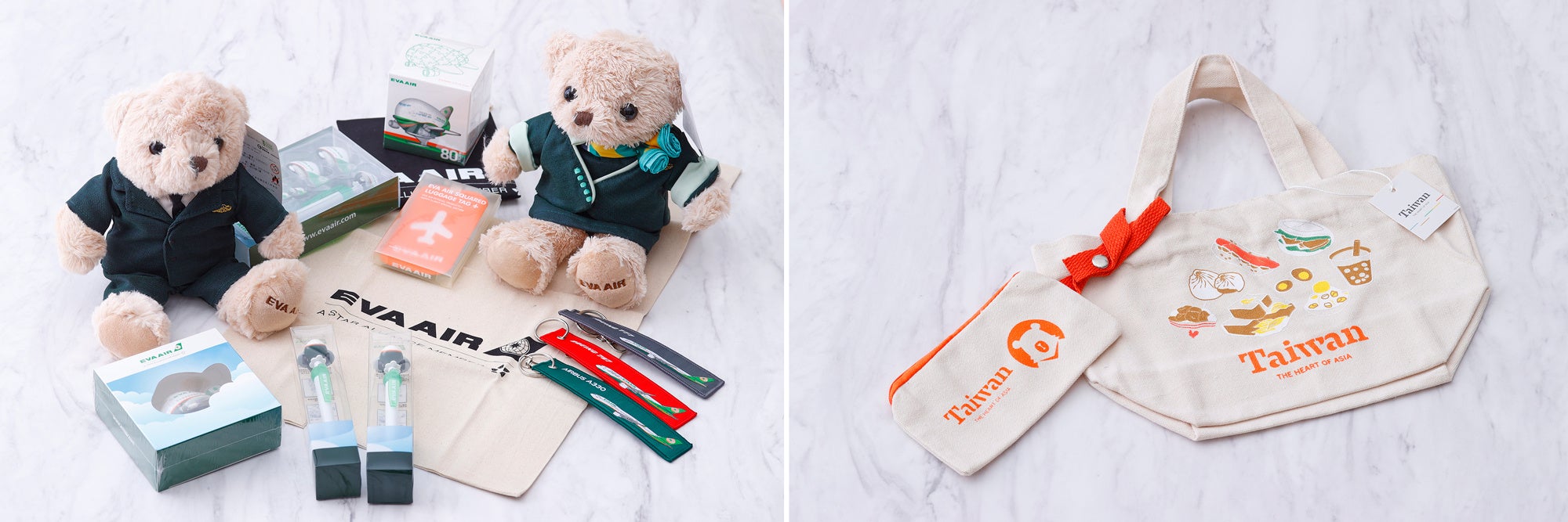（左）エバー航空のオリジナルグッズ（右）台湾観光局よりランチバッグを提供