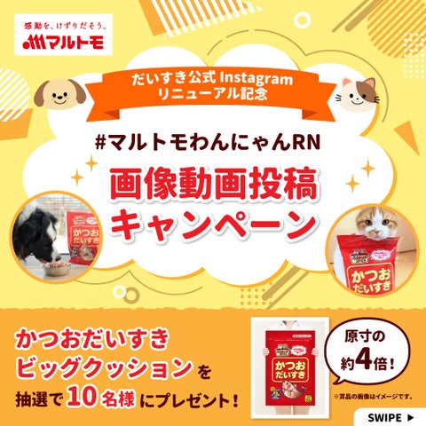 マルトモ だいすきシリーズ公式Instagramをリニューアル!かつおだいすきビッグクッションが当たるキャンペーン開催中 マルトモ だいすきシリーズ公式Instagramをリニューアル!かつおだいすきビッグクッションが当たるキャンペーン開催中