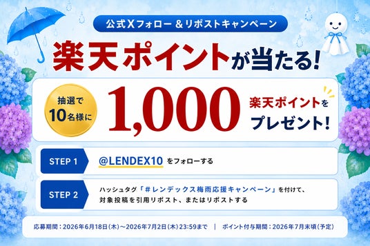 【LENDEX】梅雨の時期も資産運用!「楽天ポイントが当たる」公式Xフォロー&リポストキャンペーンを実施 【LENDEX】梅雨の時期も資産運用!「楽天ポイントが当たる」公式Xフォロー&リポストキャンペーンを実施