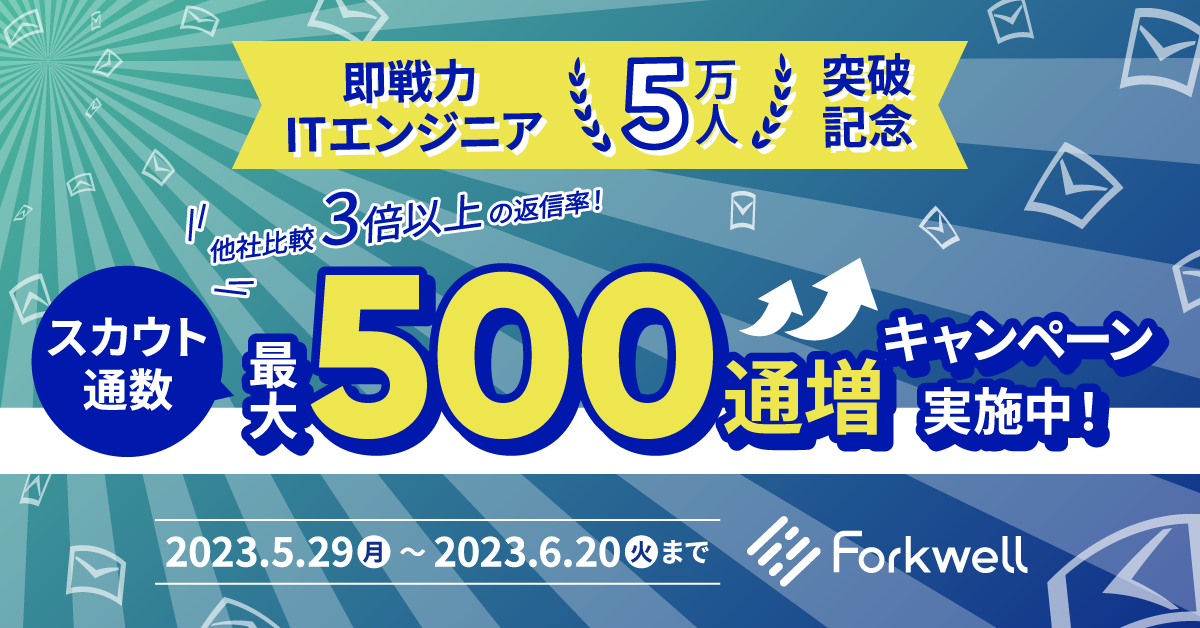「Forkwell」登録エンジニア50,000人突破！スカウト通数最大500通増量キャンペーン実施中！即戦力エンジニア採用に最適なサービス！