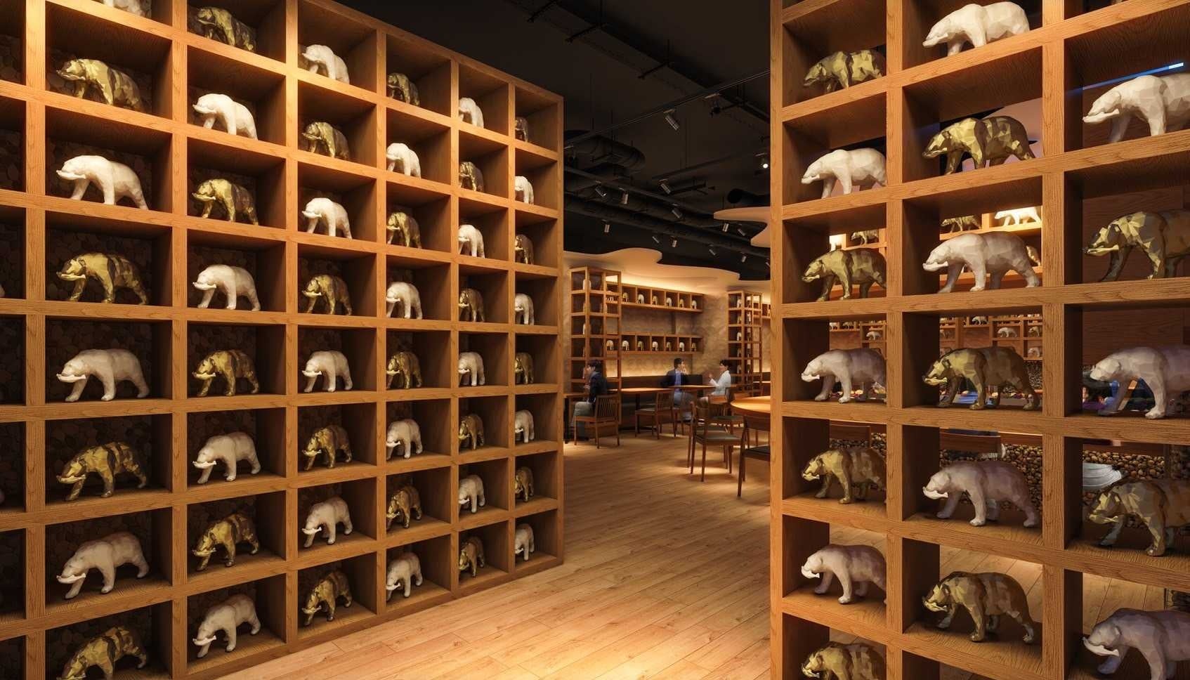 大小様々な「木彫りの熊」が並ぶ内装イメージ