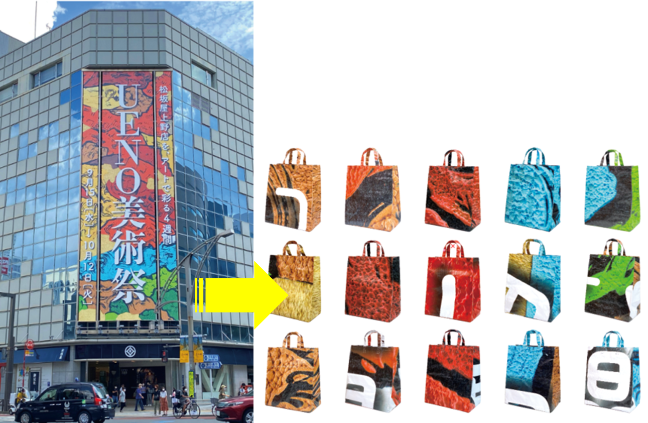 大小合わせて年間約２０枚制作される屋外広告幕。中でも好評だった「ＵＥＮＯ美術祭」の幕をエコバッグに！