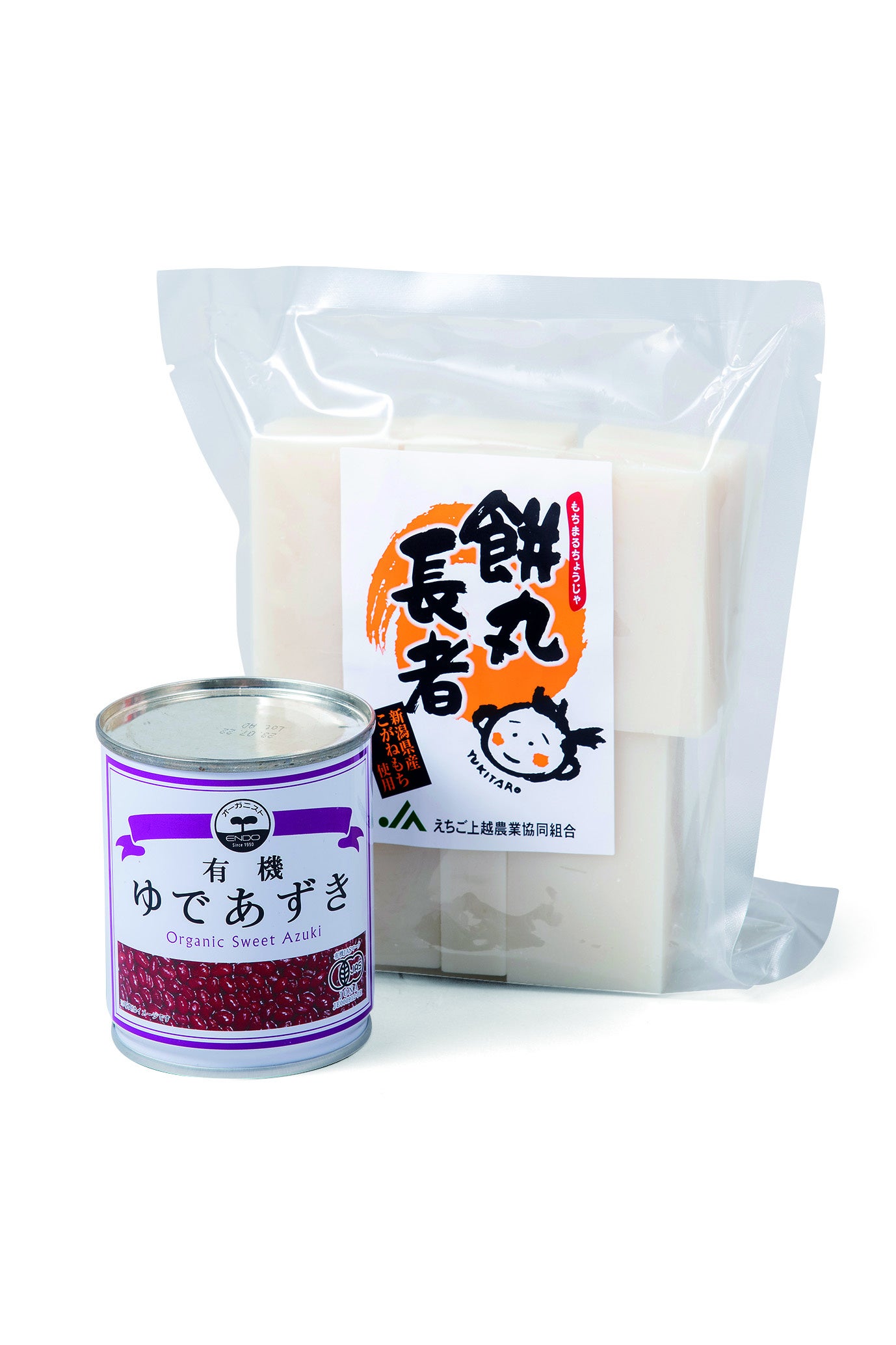 〈遠藤製餡〉有機ゆであずき缶（250g）162円、〈えちご上越農協〉餅丸長者お得用バラ餅（新潟県産こがねもち使用）（500g）410円