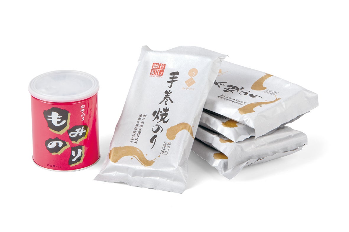 〈白子のり〉もみのり缶入（40g）378円、手巻きのり（2切8枚×5袋）1,080円