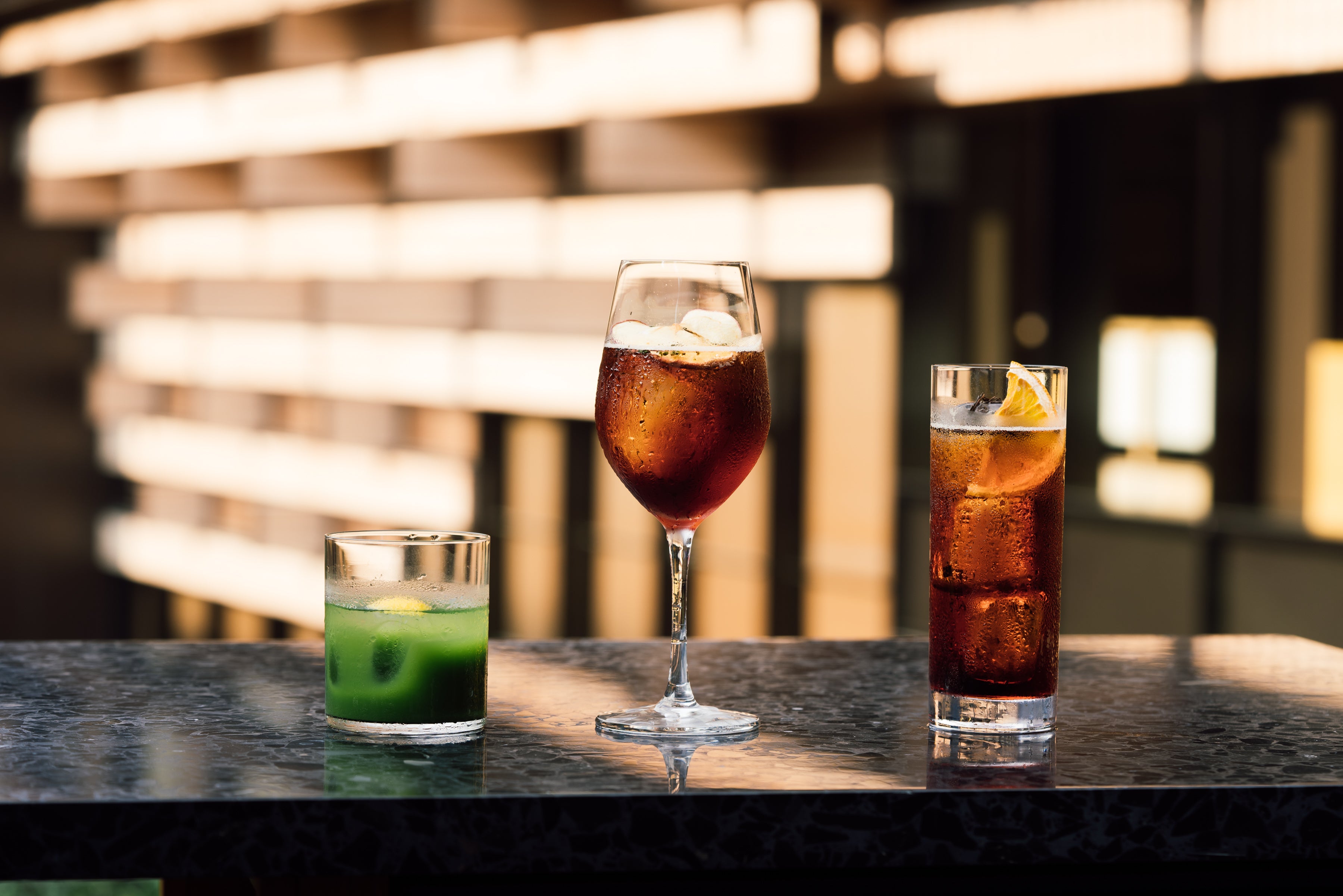 ネグローニカクテル（左：抹茶　中：ほうじ茶　右：玉露）